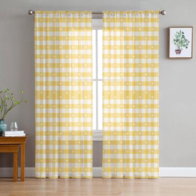 Zasłony w kratkę z nadrukiem żółtego serca Draperia Przezroczysty tiul Dekoracja domu Salon Sypialnia Cortinas Szyfonowe zasłony okienne