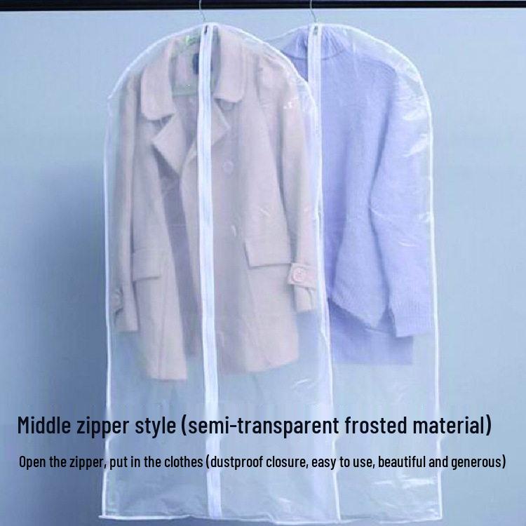Clothing Dust Cover Bag for Hanging Coats and Suits White Edge, Semi-Transparent (Middle Zipper)