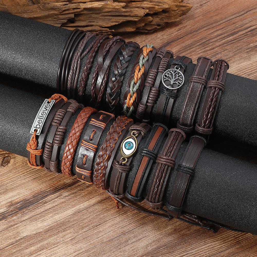 Cross-border e-commerce explosion, retro style, tree of life, devil's eye, men's leather woven bracelet combination set