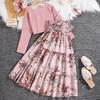 8-12Y Girls' Suit Spring  Autumn and Winter Long-sleeved Cardigan Jacket + Sweet Floral Halter Dress Two-piece Set