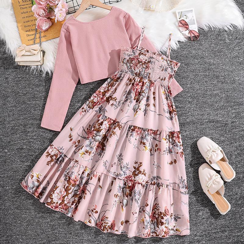8-12Y Girls' Suit Spring  Autumn and Winter Long-sleeved Cardigan Jacket + Sweet Floral Halter Dress Two-piece Set