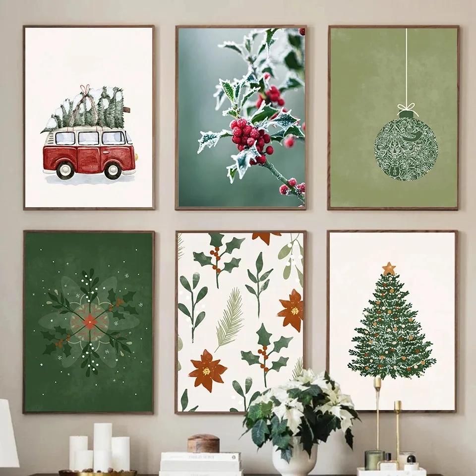 Poster Decorazione Pallina Albero di Natale Agrifoglio Ghiacciato Furgone Invernale Pittura su Tela Stampe Fiocchi di Neve Decorativo Casa Stanza Immagine