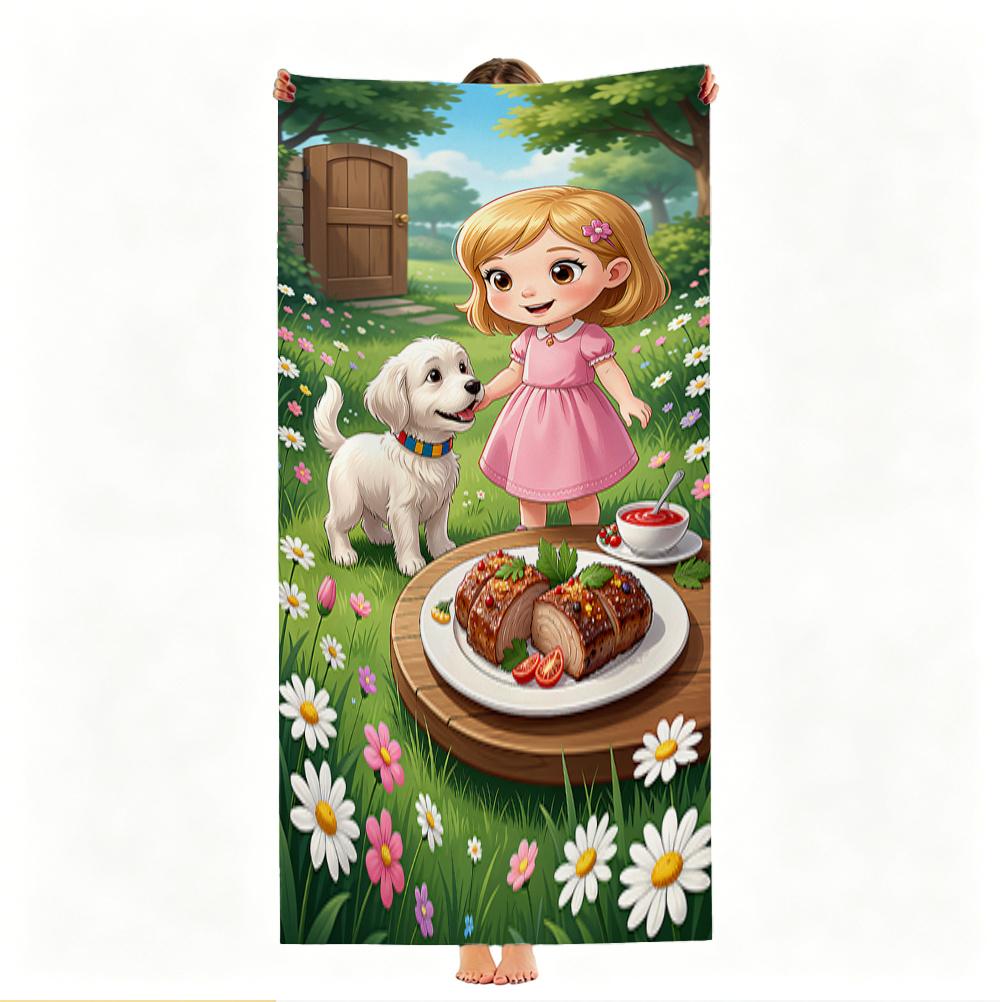Cute Girl And Dog Beach Towel - Cartoon Picnic Scene With Flowers, Soft Microfiber, Quick Dry, Multiple Sizes