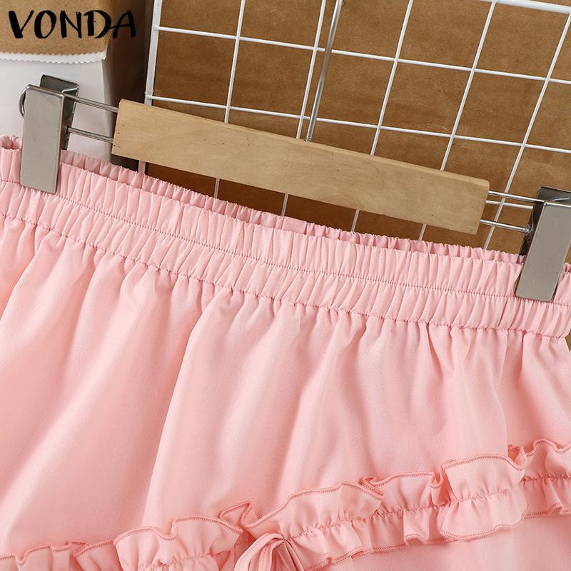 VONDA Women Casual Elastic Waist Solid Color Layered Ruffle Skirts