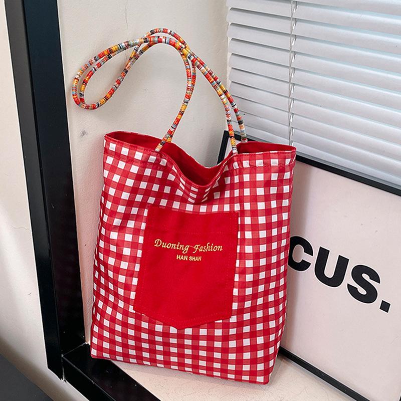 American double-sided bag plaid canvas bag women's tote bag retro contrasting color hand bag spring new parent-child bag