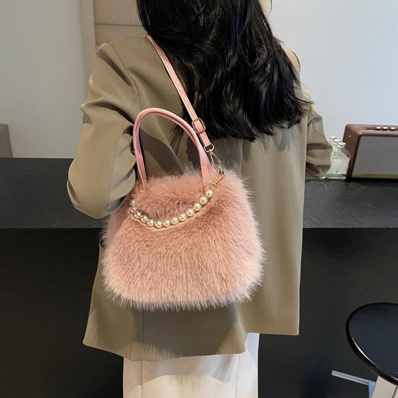 Yogodlns Winter Fashion Faux Fur Crossbody Bags for Women's Gift, Pearl Chain Decor Shoulder Bag, Ladies Handbags Top-handel Bag