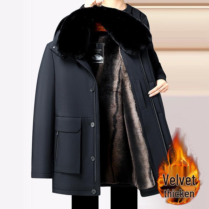 

2025 Men s Winter Mid-Length Coat with Detachable Velvet Liner - Thick, Warm, and Loose-Fit Cotton Outerwear. XL темно-синього кольору