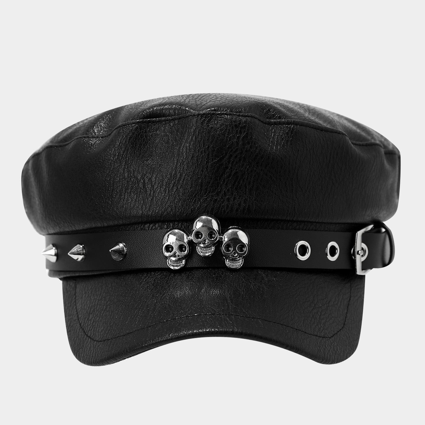 

Trendy Punk Style Long-rivet Military Hats for Men and Women Fashionable PU Leather Hip-hop Flat-top Hat Vintage Navy Army Cap 56-58cm