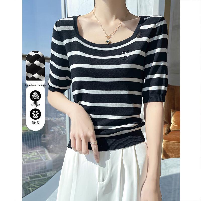 

Women s Striped Ice Hemp Square Neck Knit Top M