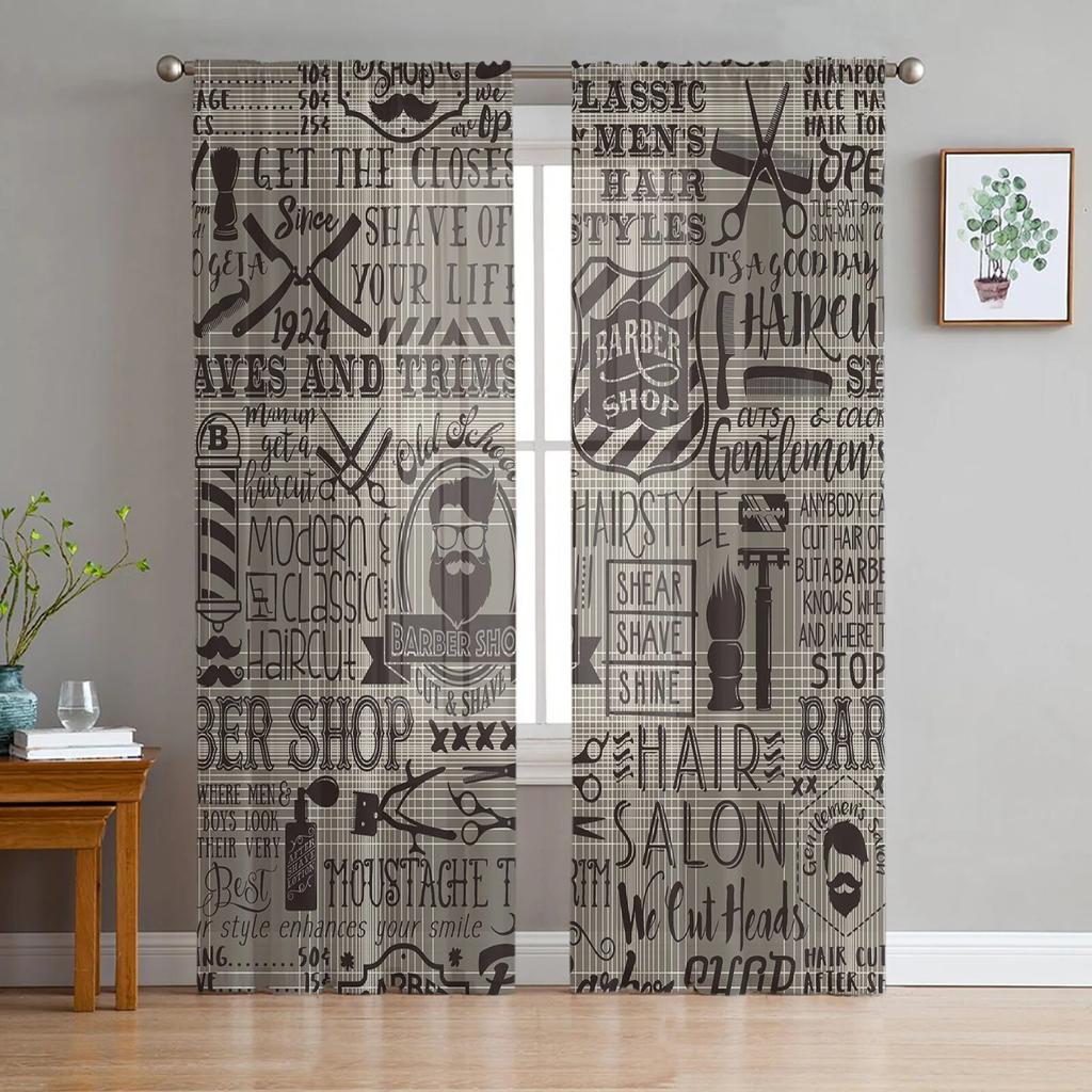 Barber Shop Retro Poster Design Template Tulle Sheer Curtains for Living Room Bedroom Kitchen Decoration Voile Organza Curtains