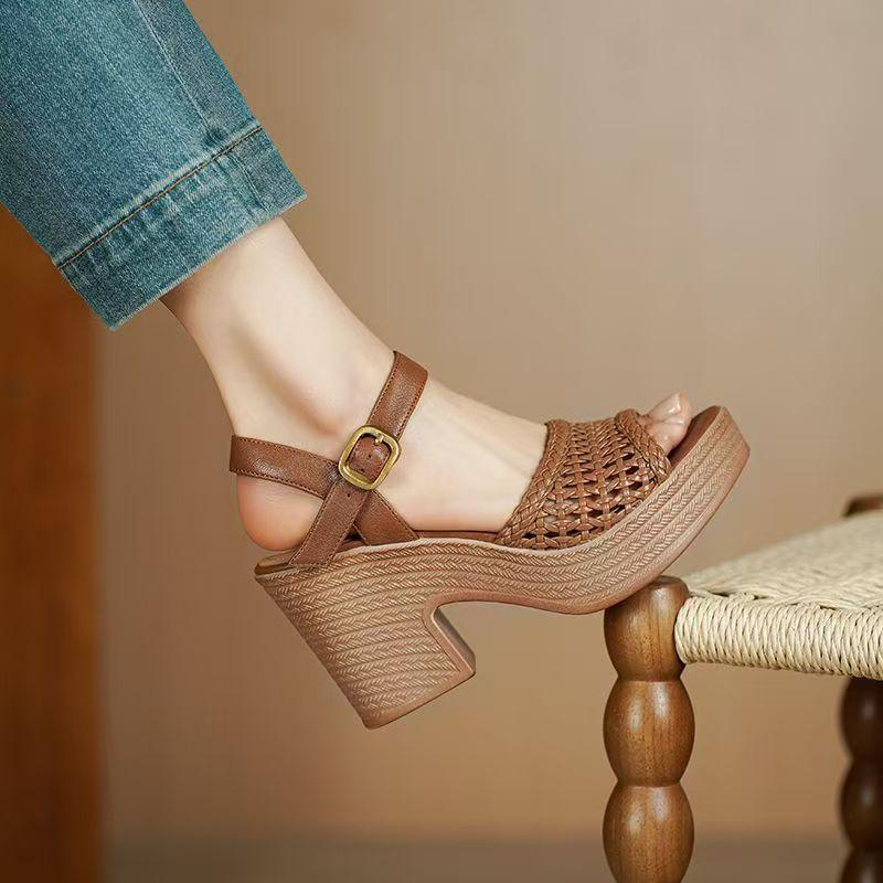 Women's High Heels Sandals Summer Elegant Hollow Braided Chunky Pumps Fashion Ankle Straps Versatile Vacation Casual Beach Shoes