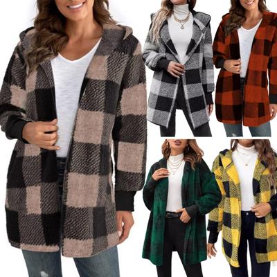 Women Sweater Coat Open Front Hooded Long Sleeve Plaid Print Knitting Coat