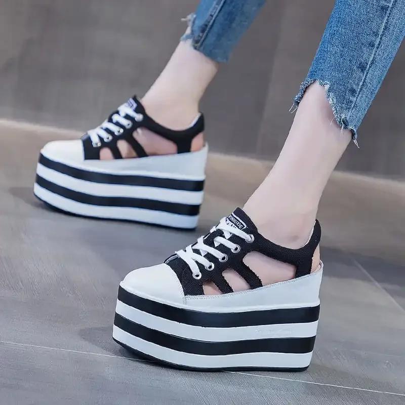 Fashion High Quality 12cm Platform Wedge Shoes Sandals for Women Sneakers Summer Shoes Hollow Cut Summer Sneakers Genuine Leather 2024