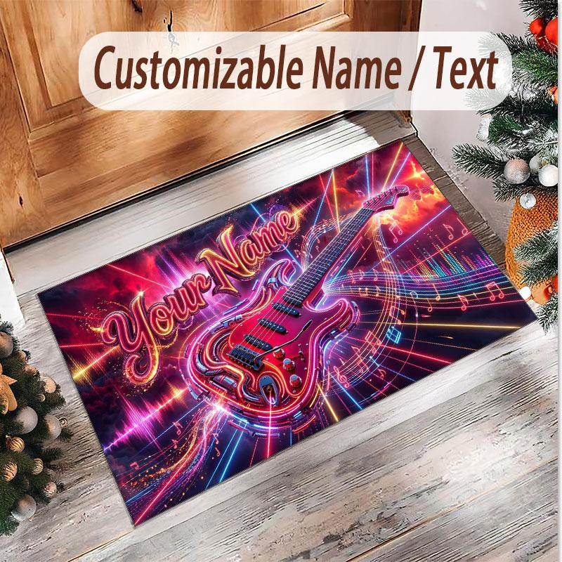 Music Guitar Theme Soft Crystal Velvet Rug Custom Name & Text Print Non Slip Floor Rug for Bedroom Living Room