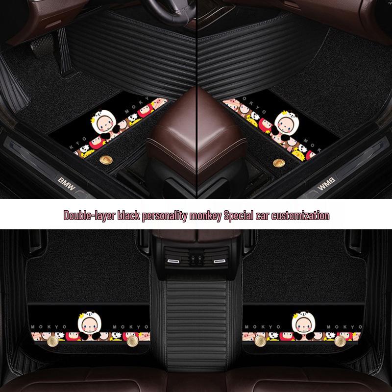 Custom Leather Car Floor Mats for Women - Cartoon Design, Double-Layer, Full Coverage