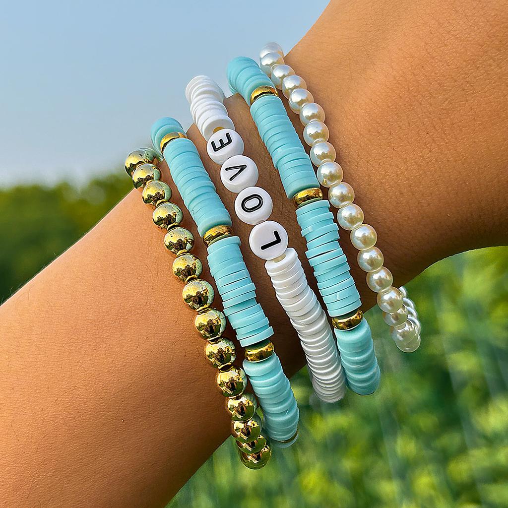 Holiday Soft Pottery Beaded Color Bracelet Set, Bohemian Flower Simple Bracelet
