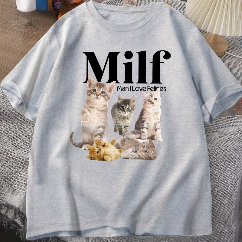 MILF Unisex Amo i Felini Cottagecore Gatti Maglietta per Donne Unisex Amante dei Gatti T-shirt Divertente con Cuccioli Stampati Larga Streetwear