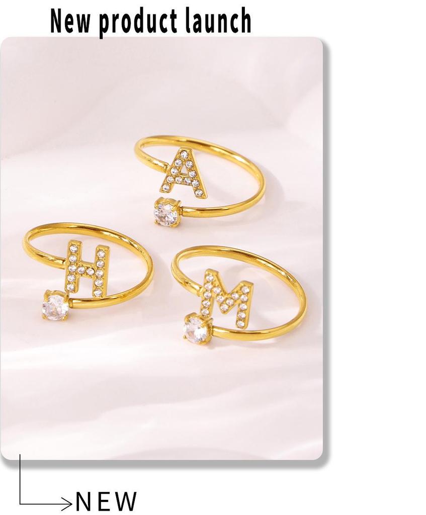 Oumeika Titanium Steel Jewelry Set: 26 Zircon-Inlaid Letters, PVD Gold-Plated Necklace, Bracelet, Earrings, and Ring.