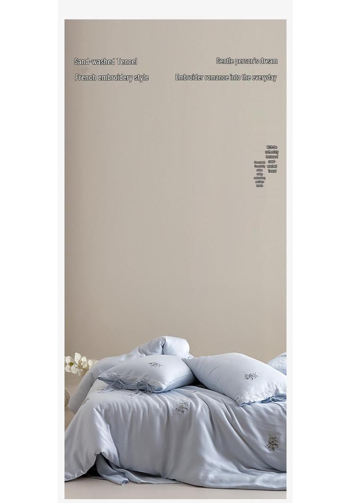 French Tencel Embroidery Luxury Four-Piece Bedding Set - Silky, Cool, Skin-Friendly for Summer Comfort