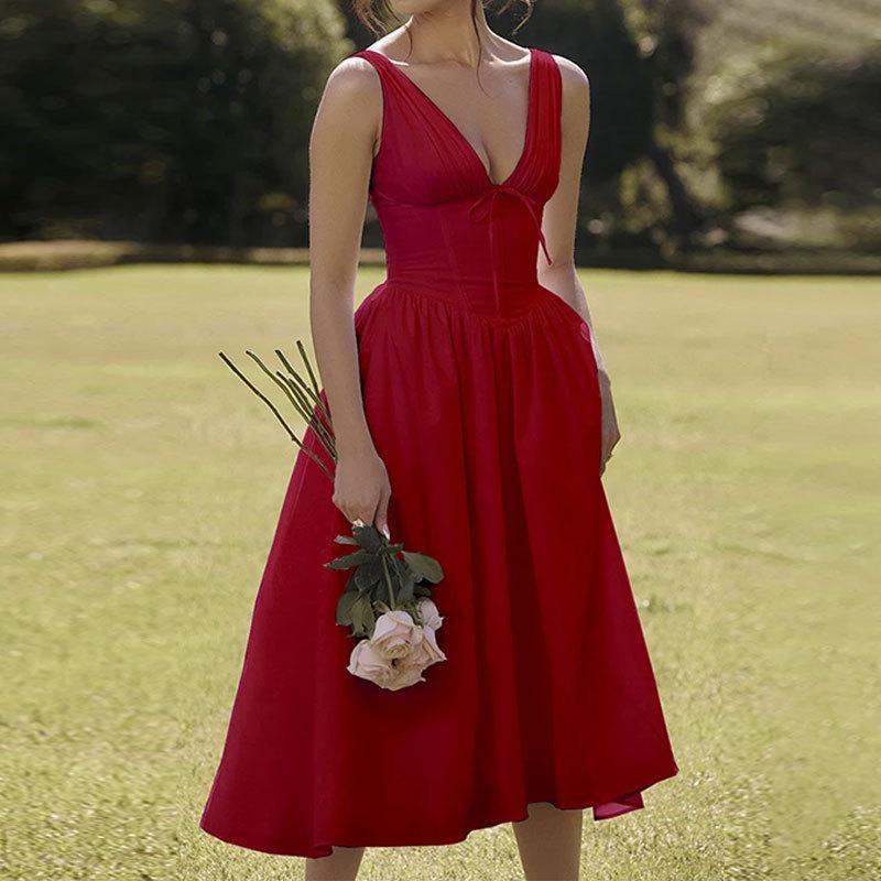 Women's clothing, new spring models in Europe and America, elegant temperament printed V-neck suspender long dress dress