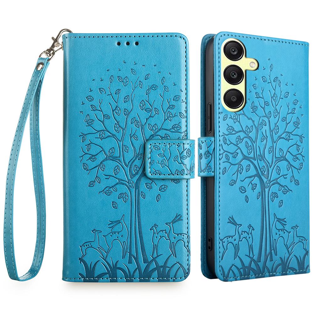 For Samsung Galaxy A25 5G (Global) (161.0 X 76.5 X 8.3mm) Case Imprinted Deer Tree Pattern 3 Card Slots Phone Protector with Hand Strap