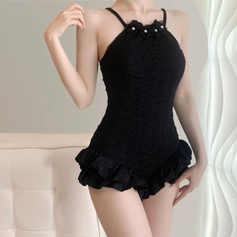 Lotus leaf lace one-piece swimsuit with French pearl decoration for slimming soaking in hot spring swimsuit