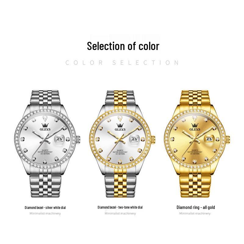Olishi Men's Luminous Waterproof Quartz Watch with Diamond Bezel and Steel Band