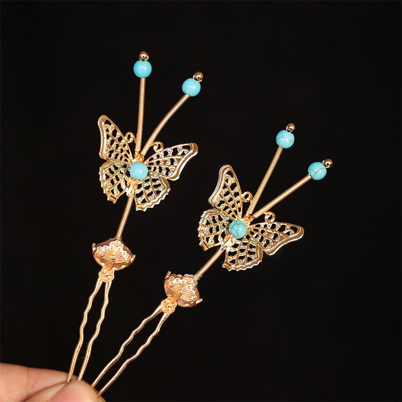 Tang Dynasty Gold Hair Accessories Set: Hanfu Retro Headdress with Hairpins, Forks, and Combs.