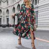Women Autumn Winter Long Sleeve Print Elegant V-neck Chiffon A-Line Knee Length High Waist Dress