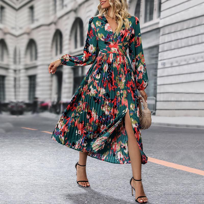 Women Autumn Winter Long Sleeve Print Elegant V-neck Chiffon A-Line Knee Length High Waist Dress