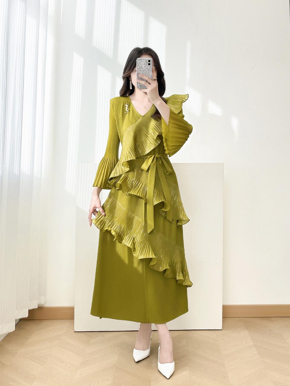 

European & American Plus Size Ruffle Pleated Dress - Loose Fit, French Style African Trade Fashion Skirt for Women One size (80/160 kg) желто-зеленый