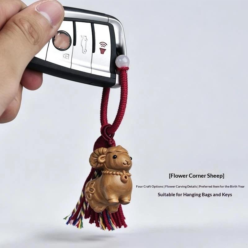 Carved Sandalwood Cute Ram Pendant Wooden Keychain Bag Decor Artistic Craft Creative Style Polished Surface Animal Zodiac