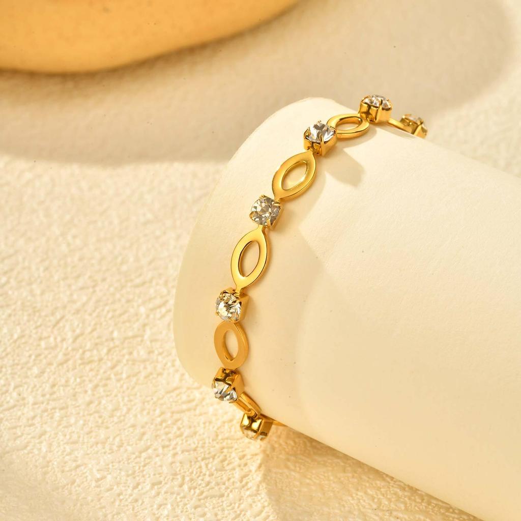 Vnox Oval Geometric Stainless Steel Chain Bracelet Necklace For Women With Shiny Zircon Fashion Jewelry Set Accessory Gift