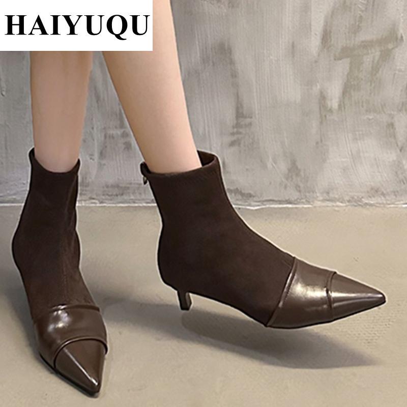 Winter Pointed Toe Women Suede Ankle Boots Stilettos Shoes  Brand New Sexy Fashion Chelsea Boots Dress Pumps Zip Botas Mujer