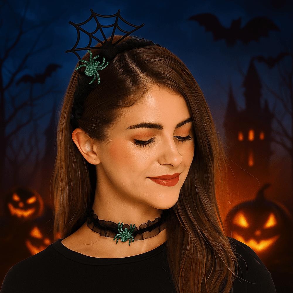 Ruffles Halloween Headband Black Spider Web Hairband Creative Hairband Necklace Set Party