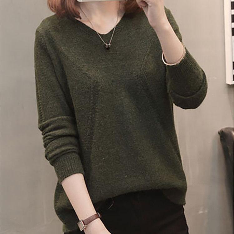 V-neck pullover sweater women's back butto stylish slimming knitted sweater solid color base outerwear Sweaters women’s