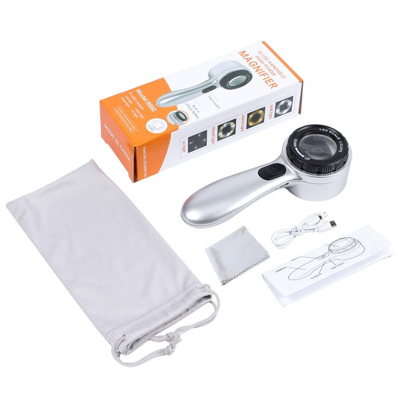 Handheld 30x Magnifying Glass with 4-color LED Light Source, Rechargeable, Suitable for Antique Jewelry Appreciation