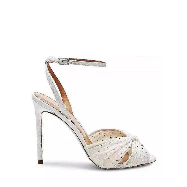Fashion 2025 Summer New Sexy Rhinestone Bling Bling Sandals Stiletto High Heels Women's Mesh Knotting Slingback Open Toe Buckle Sandals