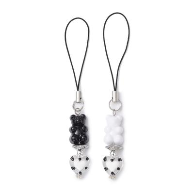 2Pcs Multi Color Glass Heart Phone Lanyard Bear Pendant Wrist Strap Detachable Phone Chain Keyring Accessory for Women