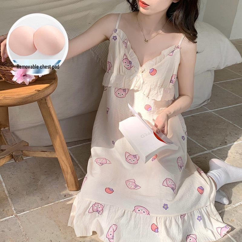 2025 Sweet Princess Style Cloud Cotton Camisole Set with Chest Pads for Women - Summer Home Pajamas
