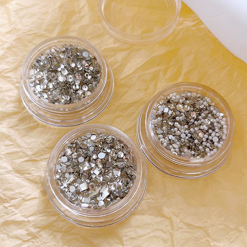 1Box Diy Nail Art Decor Sparkling White Diamond Zircon Pearl Mixed Nail Drill Flat Nail Jewelry Manicure Diamond Manicure Design