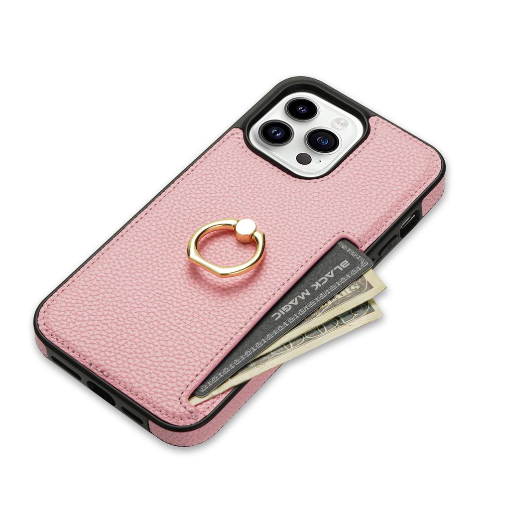 Compatible with iPhone 16 Case, 17 Pro Litchi-patterned Ring Buckle Stand, Card Slot, Wallet, Shockproof Case, 14 Plus