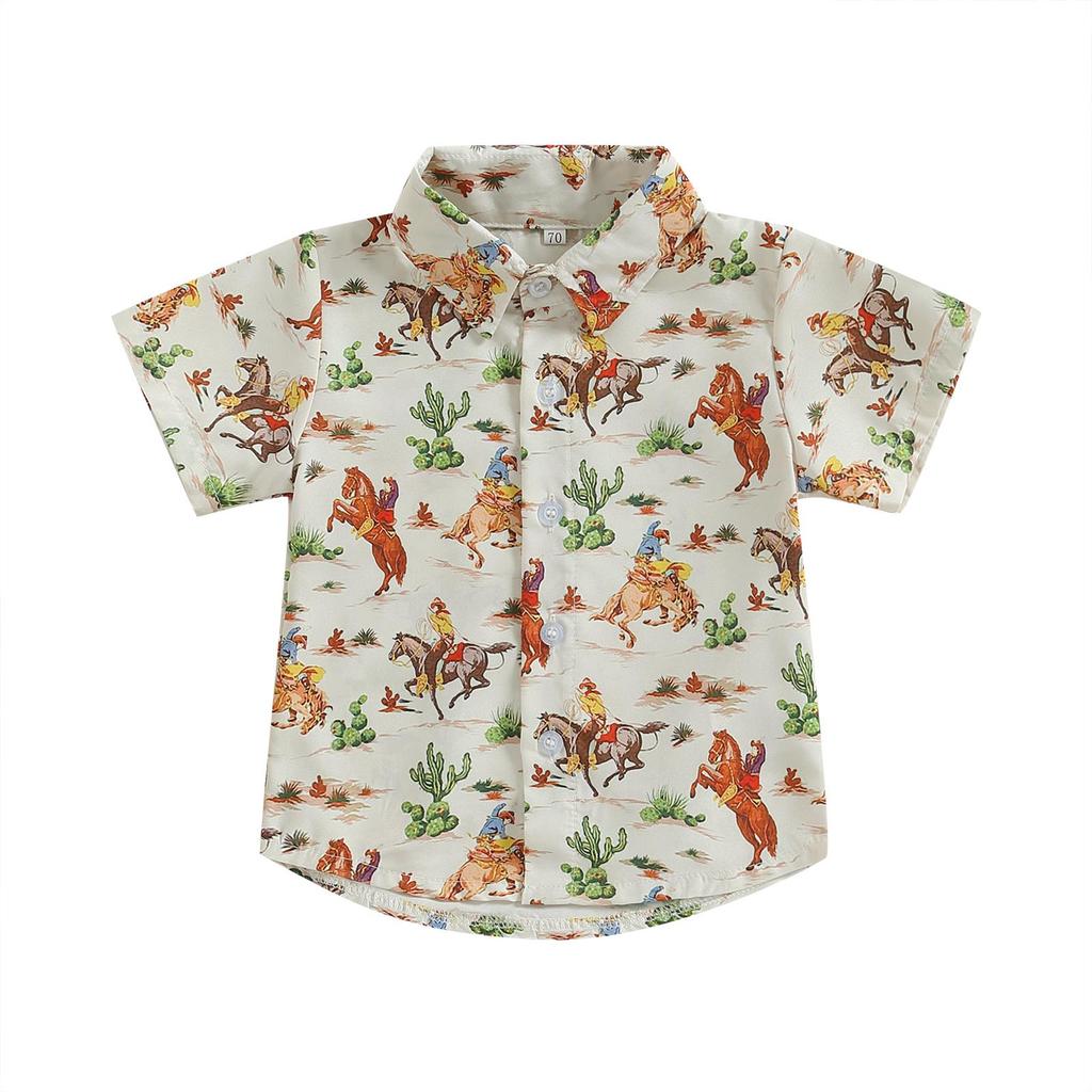 Toddler Boys Summer Casual Shirt 6M 12M 18M 24M 3Y 4Y Short Sleeve Lapel Western Elements Print Button Tops