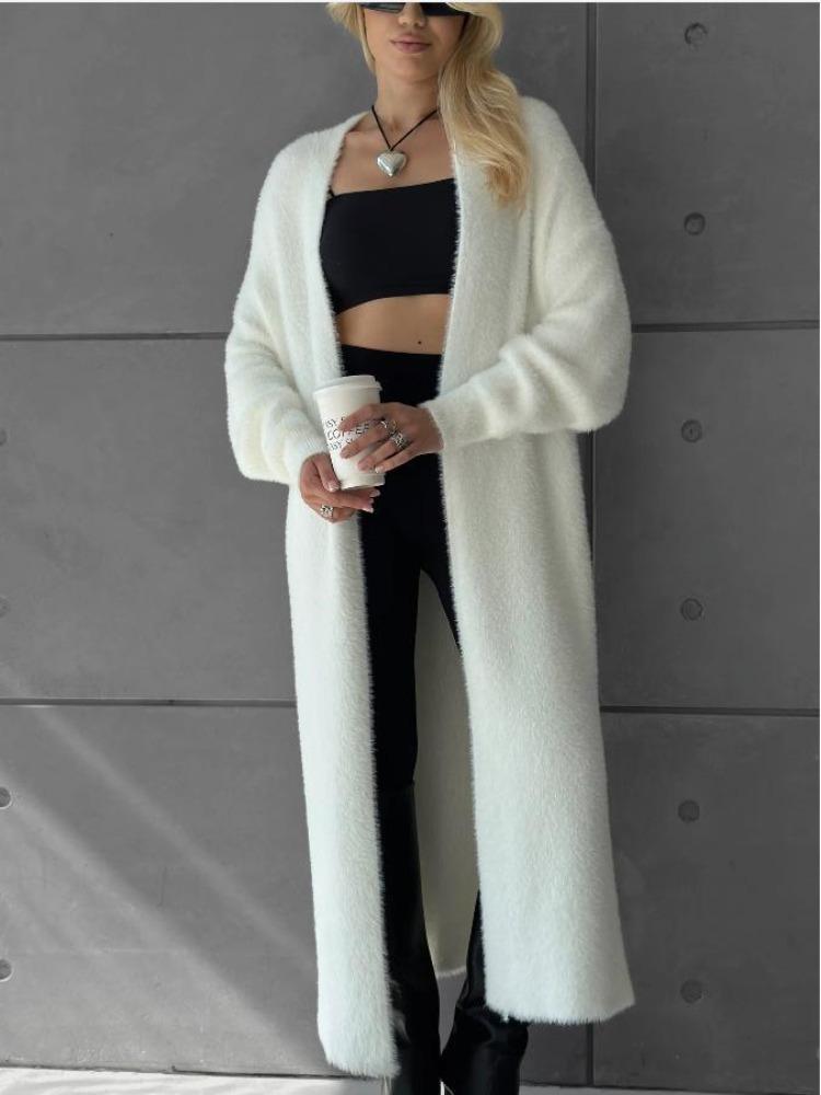 Autumn Winter Womens Long Velvet Cardigan Thick Knitted Sweater Coat Loose Fit Faux Mink Chic Lazy Style