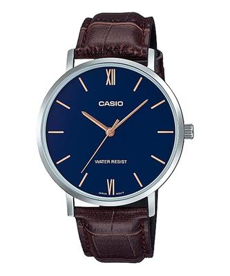 Quartz Watch Navy X Brown Leather Band Overseas Model [Casio] Men's MTP-VT01L-2B [Item]