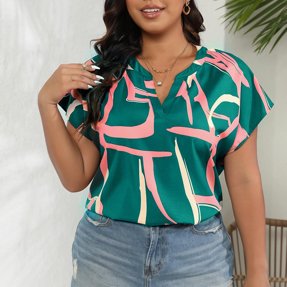 Womens Fashion Loose Batwing Sleeve V Neck Short Sleeve Casual Printed Shirt 0XL зелёный