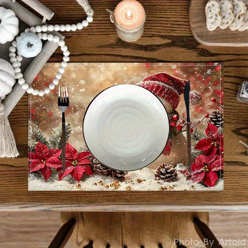 4pcs Linen Placemats Set, Christmas Snowman Pinecone Red Flower Design, Suitable for Kitchen Dining Table Decor, Home Party Dinner Decoration, 12x18