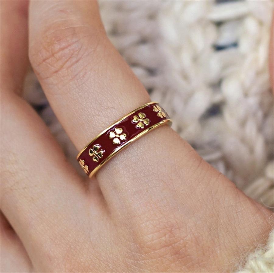 New Year's Ankara Red Drop Glaze Rose Flower Ring Delicate Light Luxury Clover Open Ring
