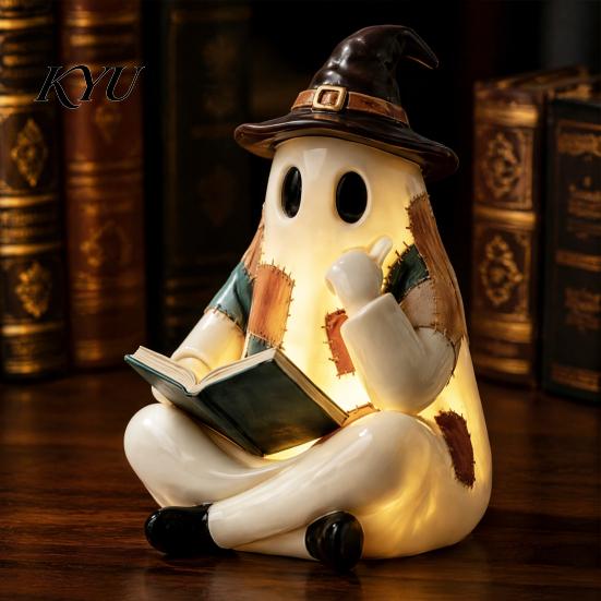 Decoratieve Geest voor Vensterbank Verlichte Vintage Patchwork Geest, Lezende Boek Beeldje, Halloween Lamp Decoratie, Gepersonaliseerde Cadeau Ideeën Schattige Herfst Nacht