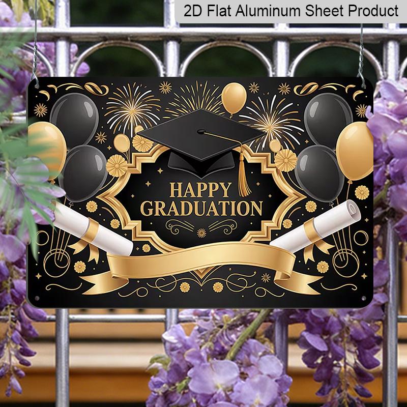 2D Flat, 1pc "Happy Graduation" Black & Gold Plaque, 12”*8" - Graduation Decor Sign with Cap & Diploma, Black & Gold - Aluminium Wall Hanging